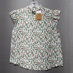 Kori America Ruffle Sleeveless Mock Neck Top Womens Medium Green & Yellow Floral